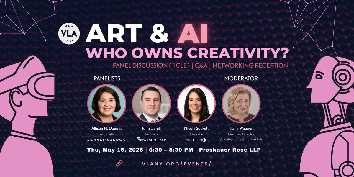 Join us for an in-person panel discussion exploring the intersection of generative AI, copyright law, and creative ownership at Proskauer Rose LLP.

RSVP here: ow.ly/CNkI50VCEck

#AIandArt #GenerativeAI #CopyrightLaw #ArtLaw #CLE