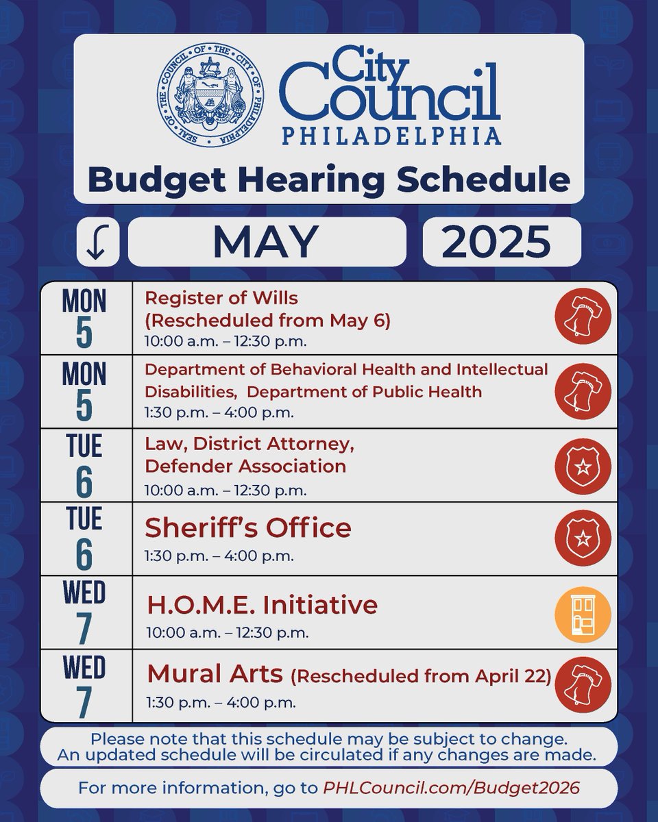 #PHLBudget Hearings begin on Monday, May 5, 2025 at 10am in City Council.

Check our FY2026 Budget Center for documents to follow along with the testimony and presentations by going to phlcouncil.com/budget2026