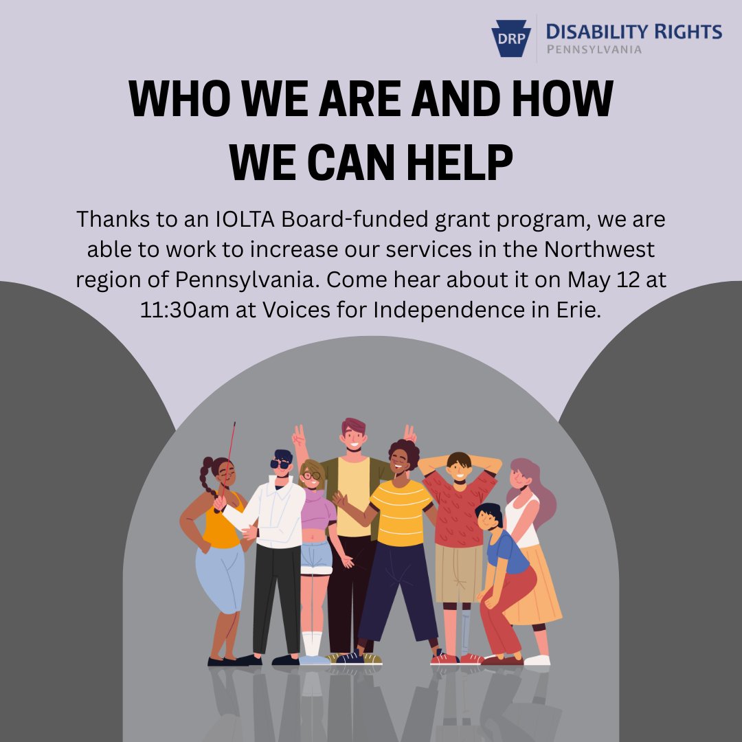 Join us at the Voices for Independence Erie office on Monday, May 12th to learn about Disability Rights Pennsylvania, and how we can help! 

Time: 11:30 AM - 1:00 PM 

Address: 1432 Wilkins Rd, Erie, Pa 16505

Find out more and RSVP for the event here: 
facebook.com/share/p/1HSyEv…