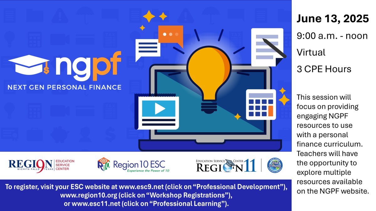 ESC11 Social Studies (@esc11ss) on Twitter photo Join <a href="/NextGenPF/">Next Gen Personal Finance</a> for an in depth exploration of their amazing and FREE resources to use with your personal finance curriculum. 💰📷registration.esc11.net/catalog/sessio… Join <a href="/NextGenPF/">Next Gen Personal Finance</a> for an in depth exploration of their amazing and FREE resources to use with your personal finance curriculum. 💰📷registration.esc11.net/catalog/sessio…
