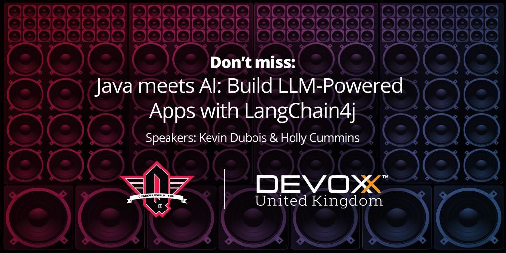 Be sure to see "Java meets AI: Build LLM-Powered Apps with LangChain4j" by Kevin Dubois &amp; Holly Cummins on Thursday, May 8th at Devoxx UK

buff.ly/HlyvEsr

#quarkusworldtour
