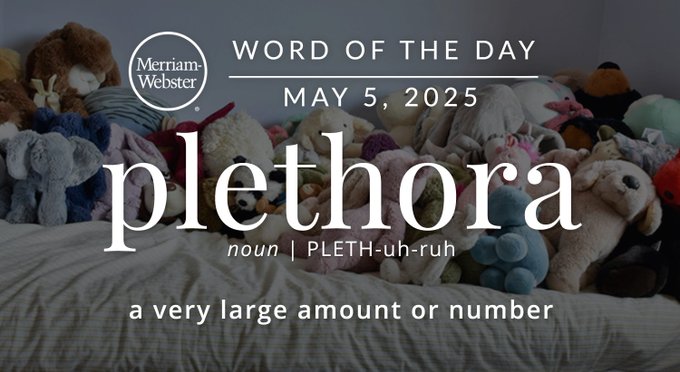 Merriam-Webster Word of the Day May 5, 2025 'plethora' noun | PLETH-uh-ruh "a very large amount or number" Background Image: a bunch of stuffed animals