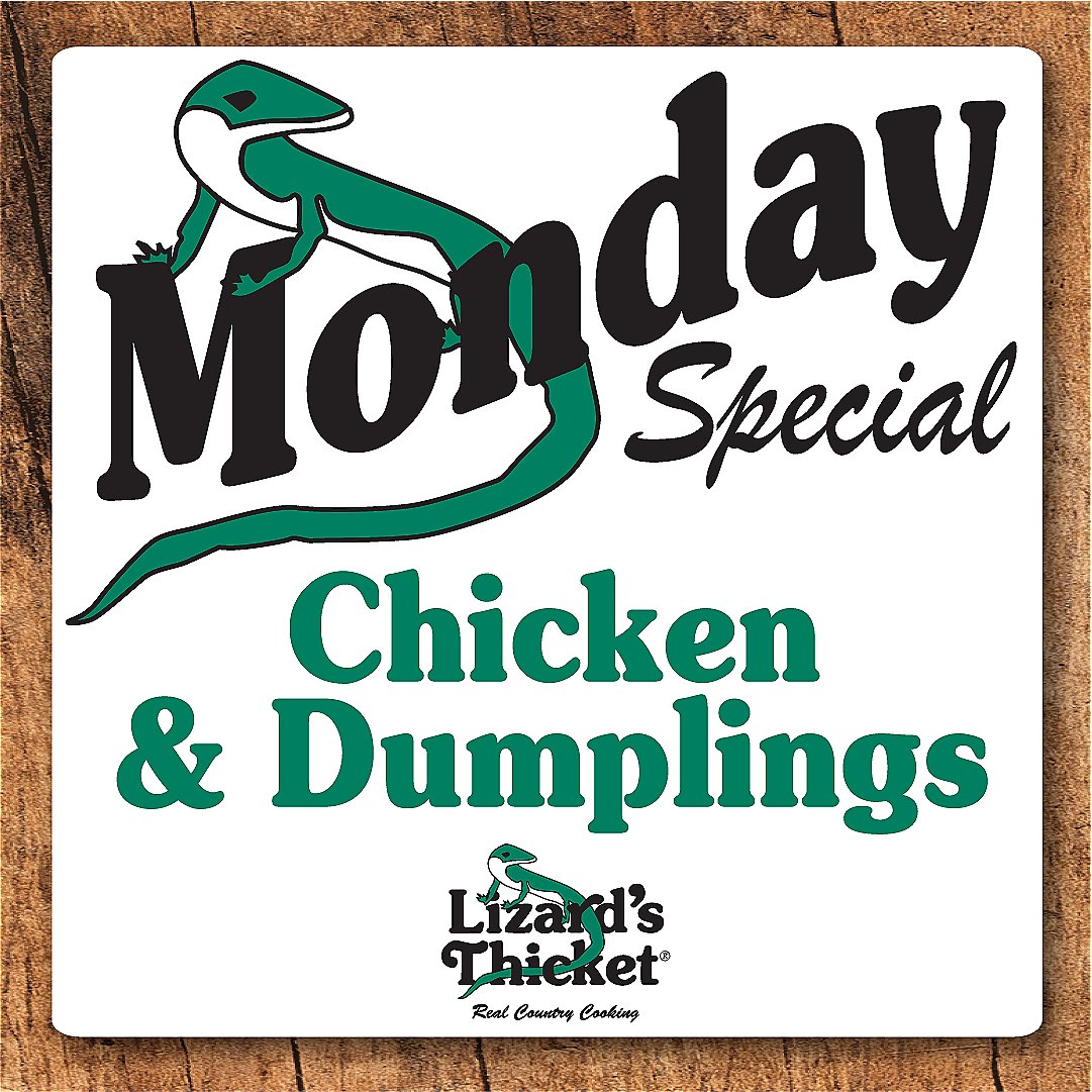 Happy Monday! Stop by and try out our daily special today! A southern favorite, Chicken and Dumplings! 🦎

Y'all come and get it while it’s hot!! #ChickenAndDumplings #MondayDailySpecial #LizardsThicket
