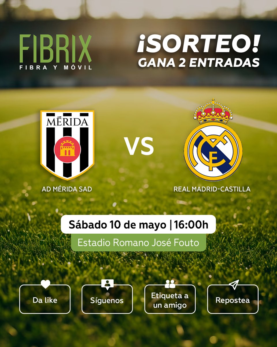 🎉 ¡Sorteamos 2 entradas dobles para ver el Mérida vs Castilla! ⚽

Para participar:
❤️ Dale like
👥 Síguenos
👫 Etiqueta a un amig@
🔄 Haz RT

Anunciamos 2 ganadores esta semana. ¿Te lo vas a perder? 🍀

#fibrix #conxdeextremadura #sorteo #entradasgratis #futbol #merida