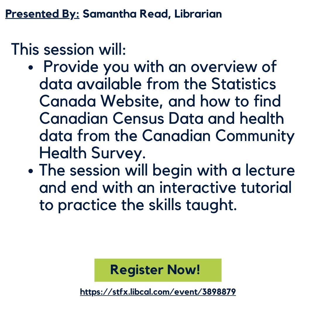 Are you looking to expand your research knowledge?

Register now for the Research Skills Boot Camp session "Finding Statistics Canada Data: Census &amp; Canadian Community Health Survey" on May 12, 2:15pm-3:15pm.

Register now at: stfx.libcal.com/event/3898879 

#StFX #StFXUniversity