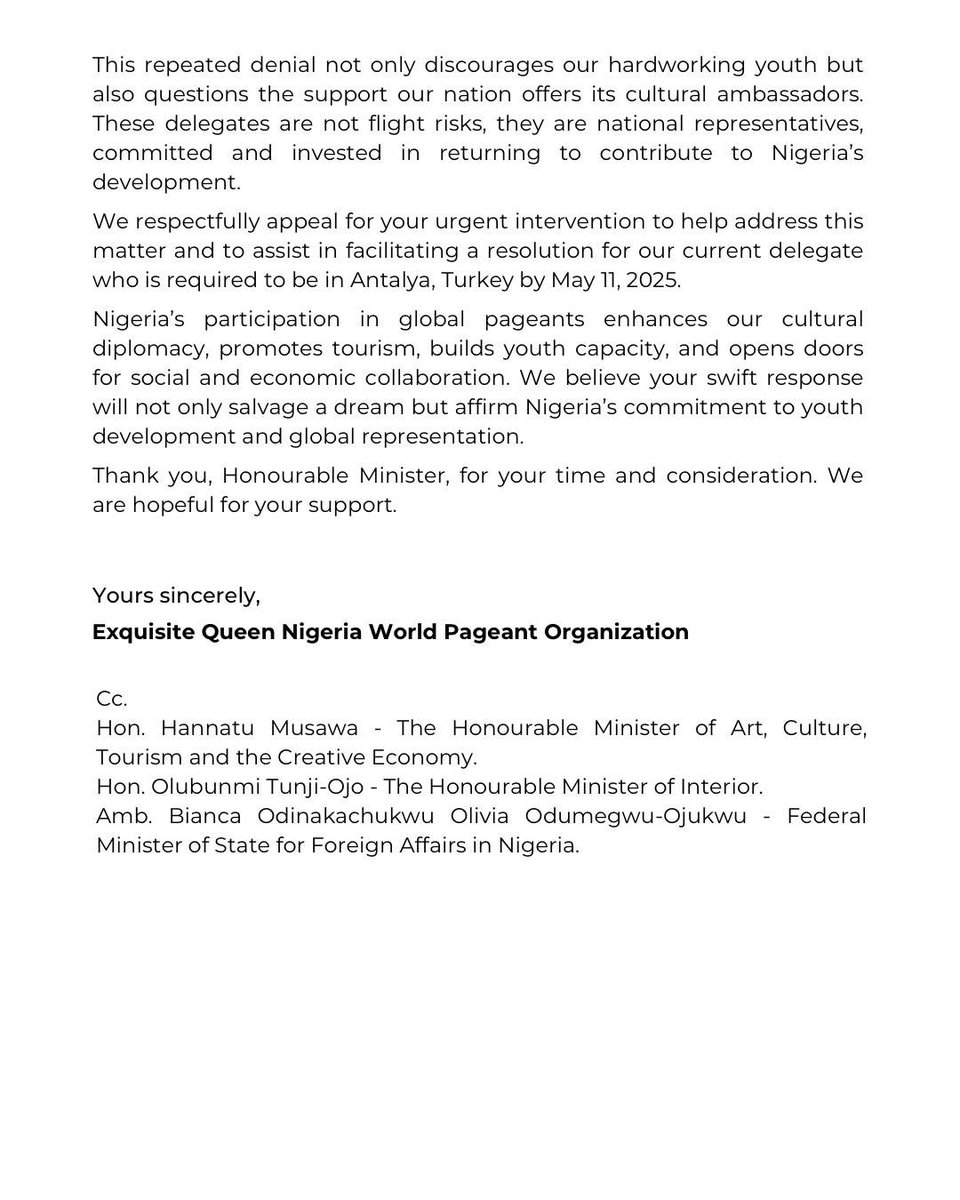 EQNW_Org's tweet photo. Nigeria, we need your voice!

Our queen, Mercy Babajide @mercybabs__ who is set to represent Nigeria at the Miss Aura International Beauty Pageant, has been denied a visa. Despite all preparations and support, this decision threatens to silence Nigeria’s presence on a global stag https://t.co/ODP9SRTx4Q