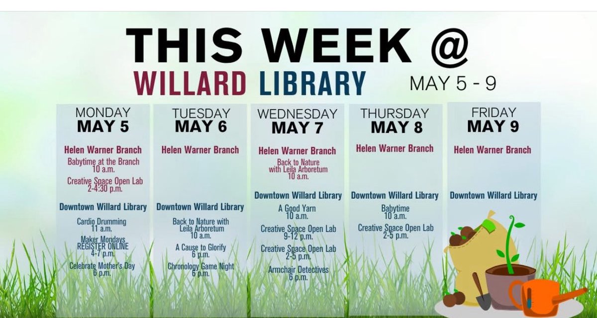 Willard_Library's tweet image. What’s happening #THISWEEK at Willard library and the Helen Warner branch!! #programs #librarylife #WhatsHappening