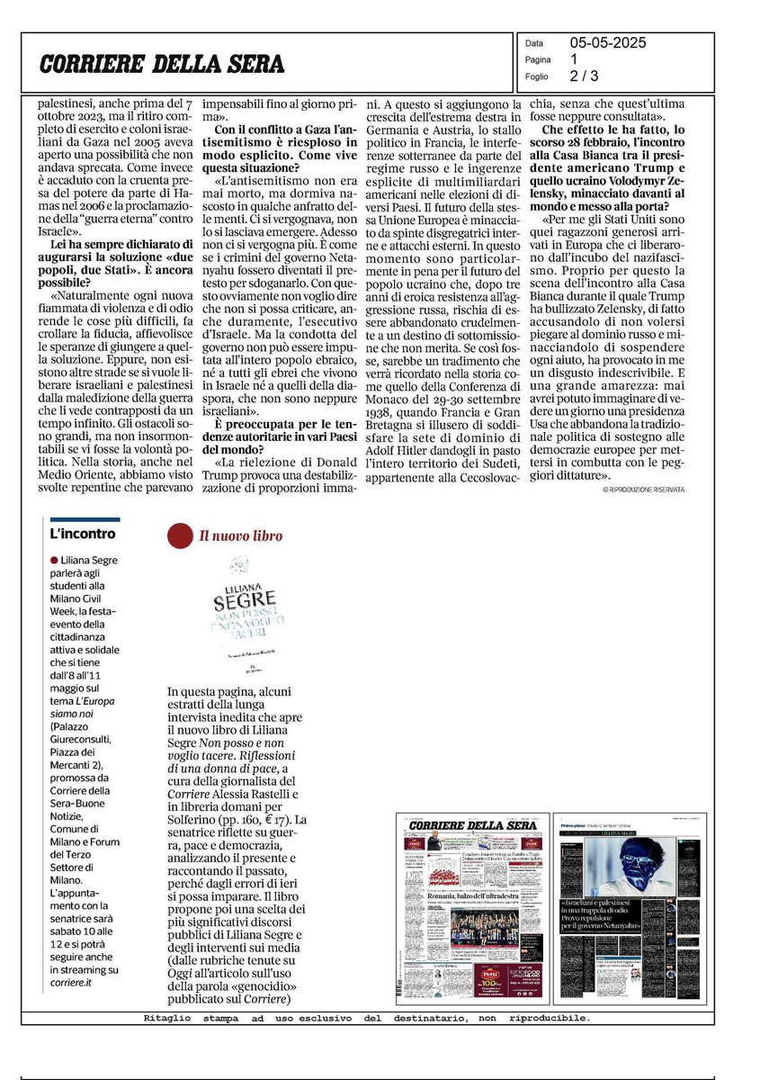 Dalla senatrice Liliana Segre parole lucide e coraggiose. Solo liberandosi degli opposti radicalismi estremi di #Hamas e #Nethanyahu potrà essere perseguita una pace fondata sul principio "2 popoli - 2 Stati". 
Qui il testo integrale della intervista 👇🏻