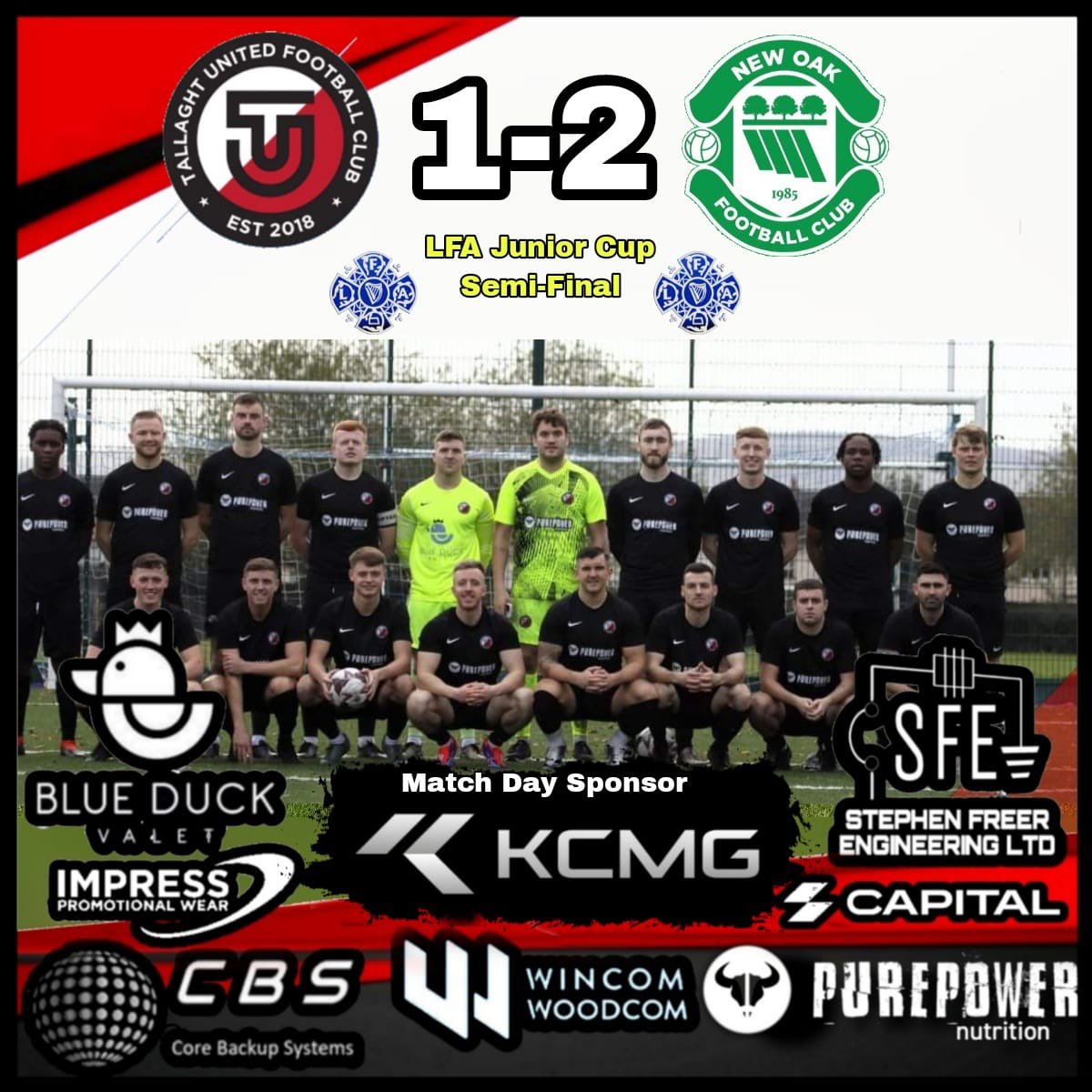 ⚽️Match Result⚽️

Tallaght United 1-2 New Oak Boys

The lads bow out of the LFA cup. Tough pill to swallow but all credit to New Oak. We wish them all the best this season.

Goal scorer
James ⚽️

Cmon Tallaght
#TallaghtUnited
