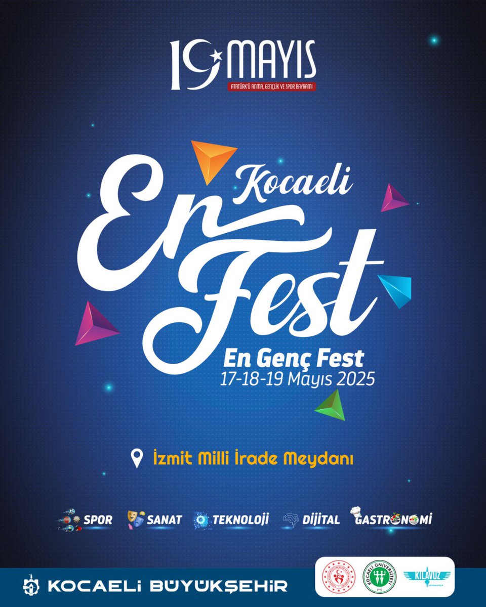 Bu festival kaçmaz❗️📣
Türkiye’nin En enerjik, En renkli, En genç festivali: EN FEST! ✨
19 Mayıs Atatürk’ü Anma, Gençlik ve Spor Bayramı’nda gençliğin enerjisi Kocaeli En Fest ile zirveye çıkıyor!
Spor, Sanat, Teknoloji, Dijital Deneyimler ve Gastronomi dolu üç gün seni