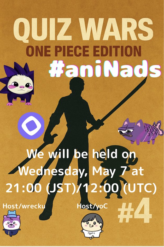 gomechico's tweet photo. 【QUIZ WARS: ONE PIECE EDITION #4】

Prepare for battle! 🏴‍☠️ Our next One Piece Quiz Tournament sets sail on May 7th at 21:00 JST (12:00 UTC)!

🧠 Think you’ve got what it takes to be the Pirate King of trivia?

Challengers of all kinds are welcome—join the fight!
👩‍💻Live on Discord @monad_xyz #monad on Mon-gaming channel.

💻Hosted by:
@gomechico
@yoC_monad
@ani_Nads