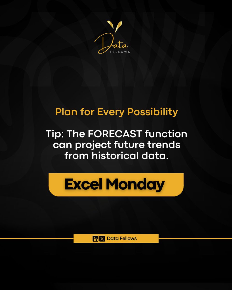 DatafellowsInfo's tweet image. Plan for every scenario with Excel!

Learn to use What-If Analysis, Scenario Manager, and Forecasting for smarter data decisions.

#data #MondayMotivation #DataTips #Abuja #Excel