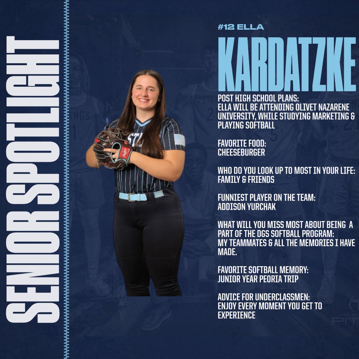 Day 1 of celebrating our Seniors this week.

Get to know our Senior 1B Ella Kardatzke!  Ella has been in our program for 4 years and is having a great Senior year. Ella’s great attitude and leadership has helped guide our young Varsity squad this year. 

Thank you Ella.