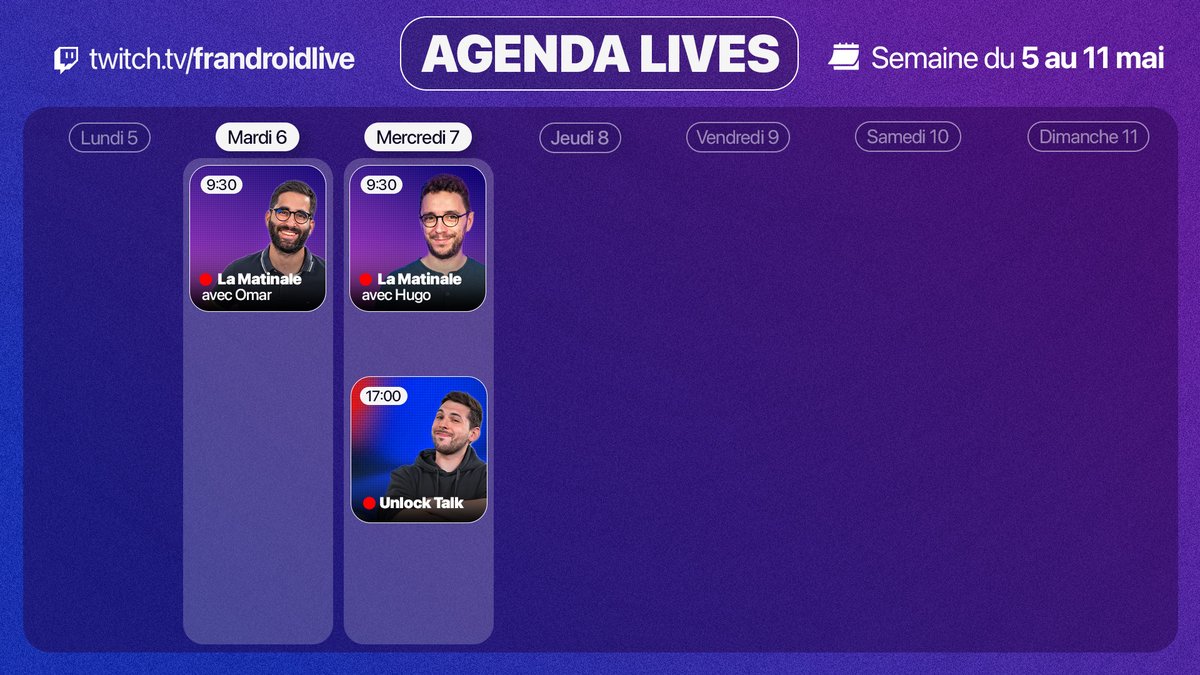 Voici le programme de nos émissions de cette (petite) semaine 📅
En direct sur twitch.tv/FrandroidLive