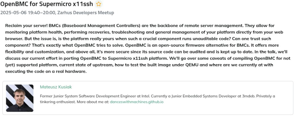 Zarhus_com's tweet image. OpenBMC is a Yocto-based project that produces an open-source implementation of the baseboard management controller's fw stack. Mateusz will revise support for X11SSH and related challenges.
events.dasharo.com/event/4/zarhus…