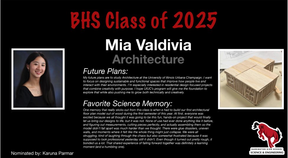 Today <a href="/barrington220/">Barrington 220</a> and Mrs. Parmar recognize Mia Valdivia for the Outstanding Senior award for Architecture! Congratulations Mia, on all of your accomplishments and good luck next year!