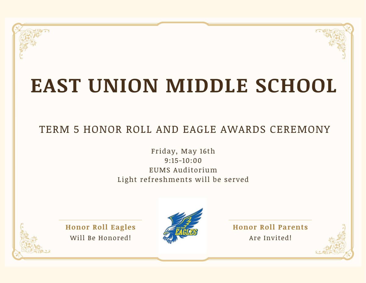 East Union Middle School (@eastunionmsnc) on Twitter photo Please join us for the EUMS Term 5 Honor Roll Ceremony on May 16th!
#TheEagleWay
#ExcellenceIsTheStanard
#TakingFlight
@ucpsnc @aghoulihan <a href="/BashawnHarris/">Bashawn Harris</a> Please join us for the EUMS Term 5 Honor Roll Ceremony on May 16th!
#TheEagleWay
#ExcellenceIsTheStanard
#TakingFlight
@ucpsnc @aghoulihan <a href="/BashawnHarris/">Bashawn Harris</a>