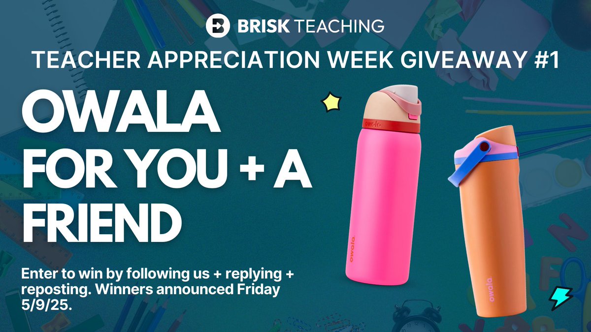 Brisk Teaching (@briskteaching) on Twitter photo We’re giving away a pair of Owala bottles—one for you, one for your teacher bestie.
To enter:
→ Follow us <a href="/briskteaching/">Brisk Teaching</a>
→ Repost this post
→ Reply with a tag of your ride-or-die (we’ve got something for both of you!)
Winners will be chosen, notified, and announced this We’re giving away a pair of Owala bottles—one for you, one for your teacher bestie.
To enter:
→ Follow us <a href="/briskteaching/">Brisk Teaching</a>
→ Repost this post
→ Reply with a tag of your ride-or-die (we’ve got something for both of you!)
Winners will be chosen, notified, and announced this