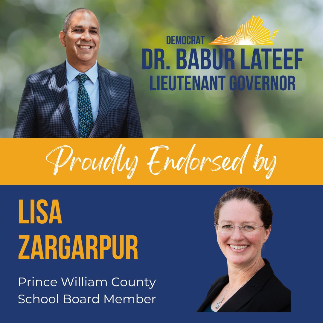 Babur Lateef, MD (@lateefforva) on Twitter photo Glad to have your support <a href="/LisaforColes/">Lisa Zargarpur M.Ed.</a>!
āAs Vice Chair of the Prince William County School Board, I have witnessed first-hand Baburās commitment to bettering education for students and families. From expanding mental health resources, to delivering record raises for teachers Glad to have your support <a href="/LisaforColes/">Lisa Zargarpur M.Ed.</a>!
āAs Vice Chair of the Prince William County School Board, I have witnessed first-hand Baburās commitment to bettering education for students and families. From expanding mental health resources, to delivering record raises for teachers