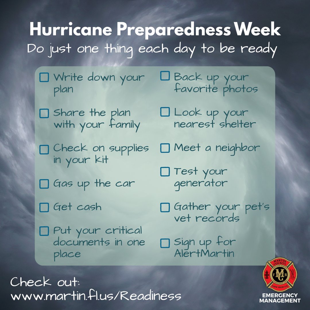 Happy Saturday!!! Take advantage of the weekend and do just one thing today to be ready tomorrow. Pick anything you want from the list or add your own items!

#HurricanePreparednessWeek #WeekendVibes #Saturday #Caturday #DoOneThing

✅ Visit martin.fl.us/Readiness for prep info