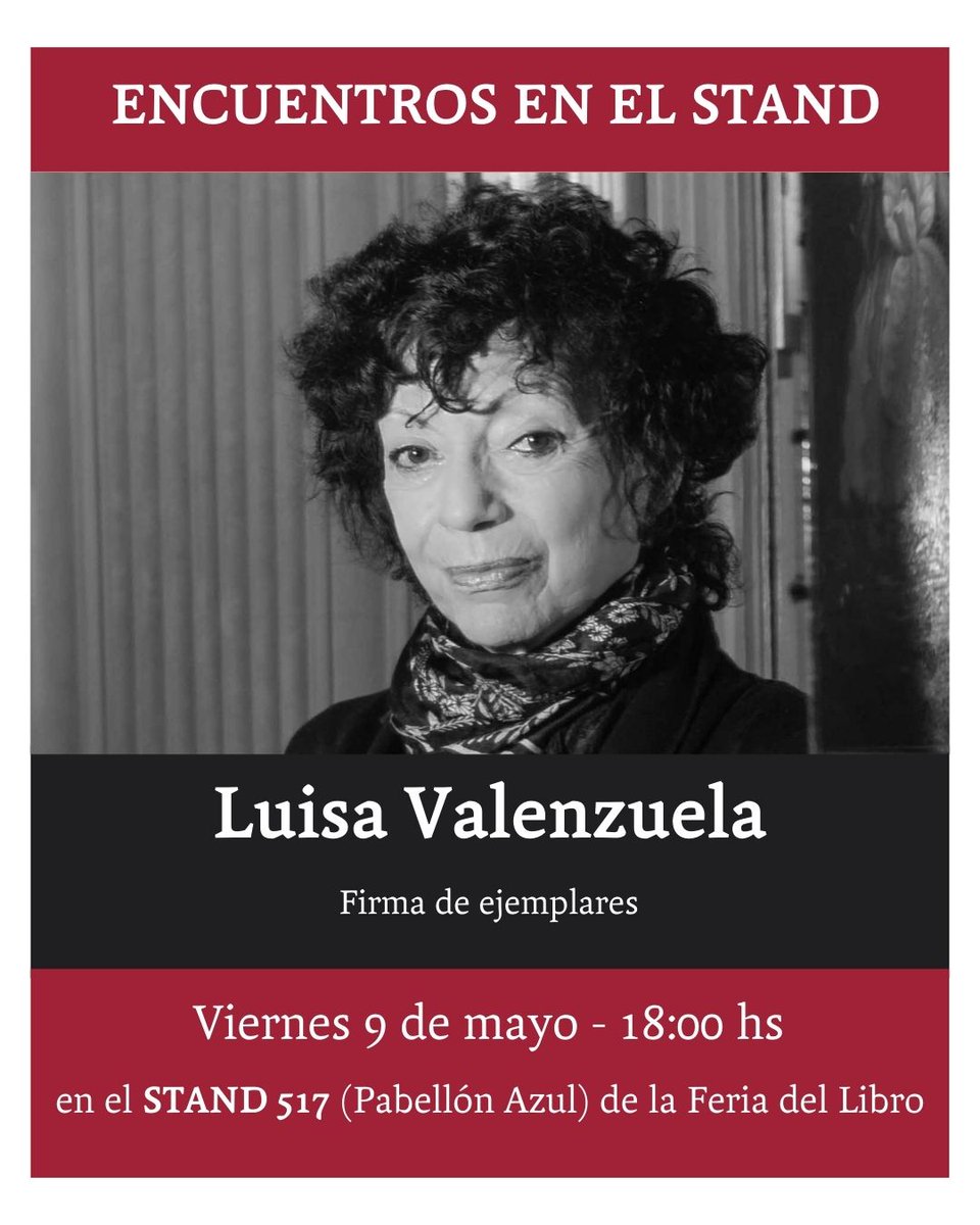 #EncuentrosEnElStand de interZona || 𝐋𝐮𝐢𝐬𝐚 𝐕𝐚𝐥𝐞𝐧𝐳𝐮𝐞𝐥𝐚  

La autora pasará a firmar ejemplares y compartir con sus lectores este viernes 9 de mayo a las 18hs.

👉 Pasa por nuestro stand 517 del Pabellón Azul de la #FeriaDelLibro 

¿Nos vemos ahí?