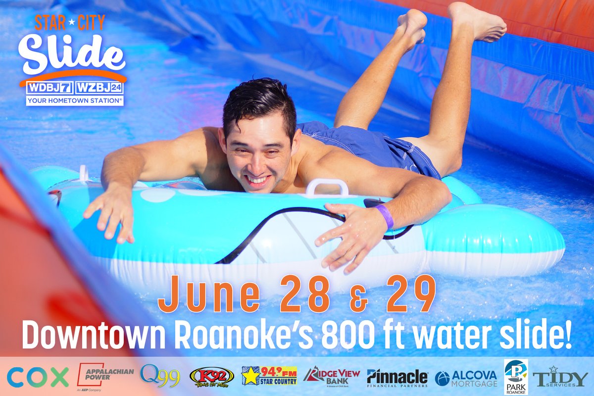ANNOUNCEMENT
WDBJ7's Star City Slide is the ULTIMATE URBAN water slide in the heart of Roanoke, benefiting the Downtown Roanoke Ambassadors! 
Skim down the 2nd Street Bridge as it transforms into a giant, 800 foot waterslide! June 28 &amp; 29
downtownroanoke.org/events/signatu…