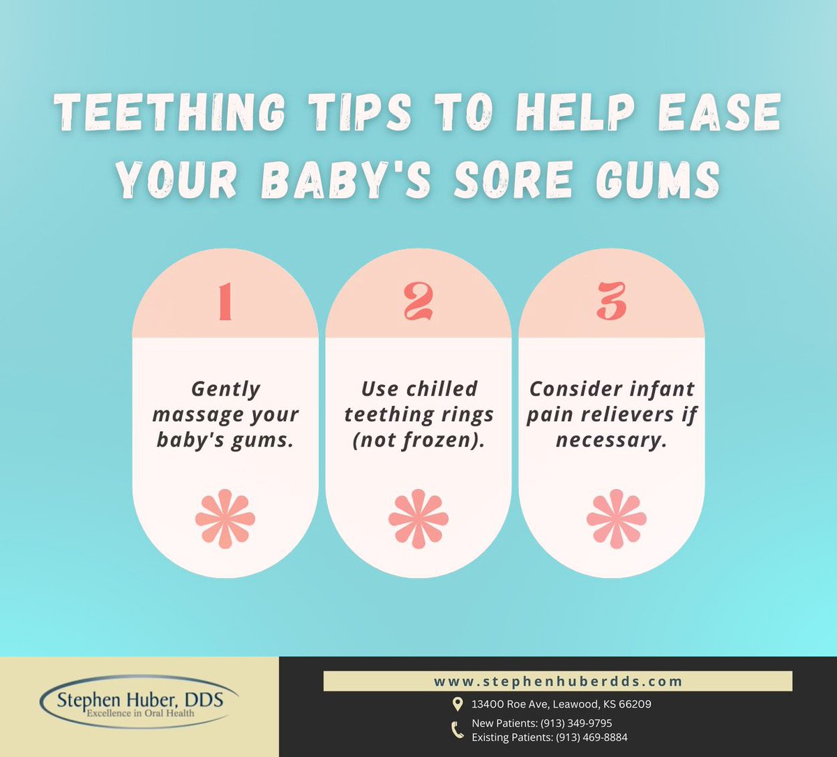 stephanhuberdds's tweet image. Teething is a normal part of your baby's growth, but it can be a challenging phase. Follow these tips to comfort your baby during this time. Start dental care early to ensure a lifetime of healthy smiles. #teethingtips #StephenHuberDDS #Leawood #KS