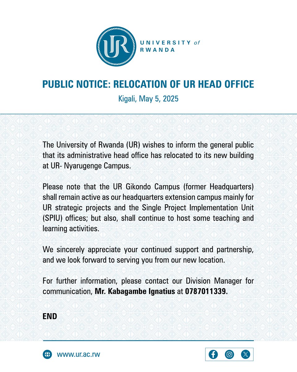 KabagambeI's tweet image. KAMINUZA Y’U RWANDA YIMURIYE IKICARO GUKURU CYAYO NYARUGENGE

Ni mu nyubako yacu nshyashya iri hariya hepfo ya Kigali Conference and Exhibition Village - KCEV, iruhande rwa CHUK. Mwihutire kutugana tubakirane urugwiro rugendanye na ho! 😊
@Uni_Rwanda