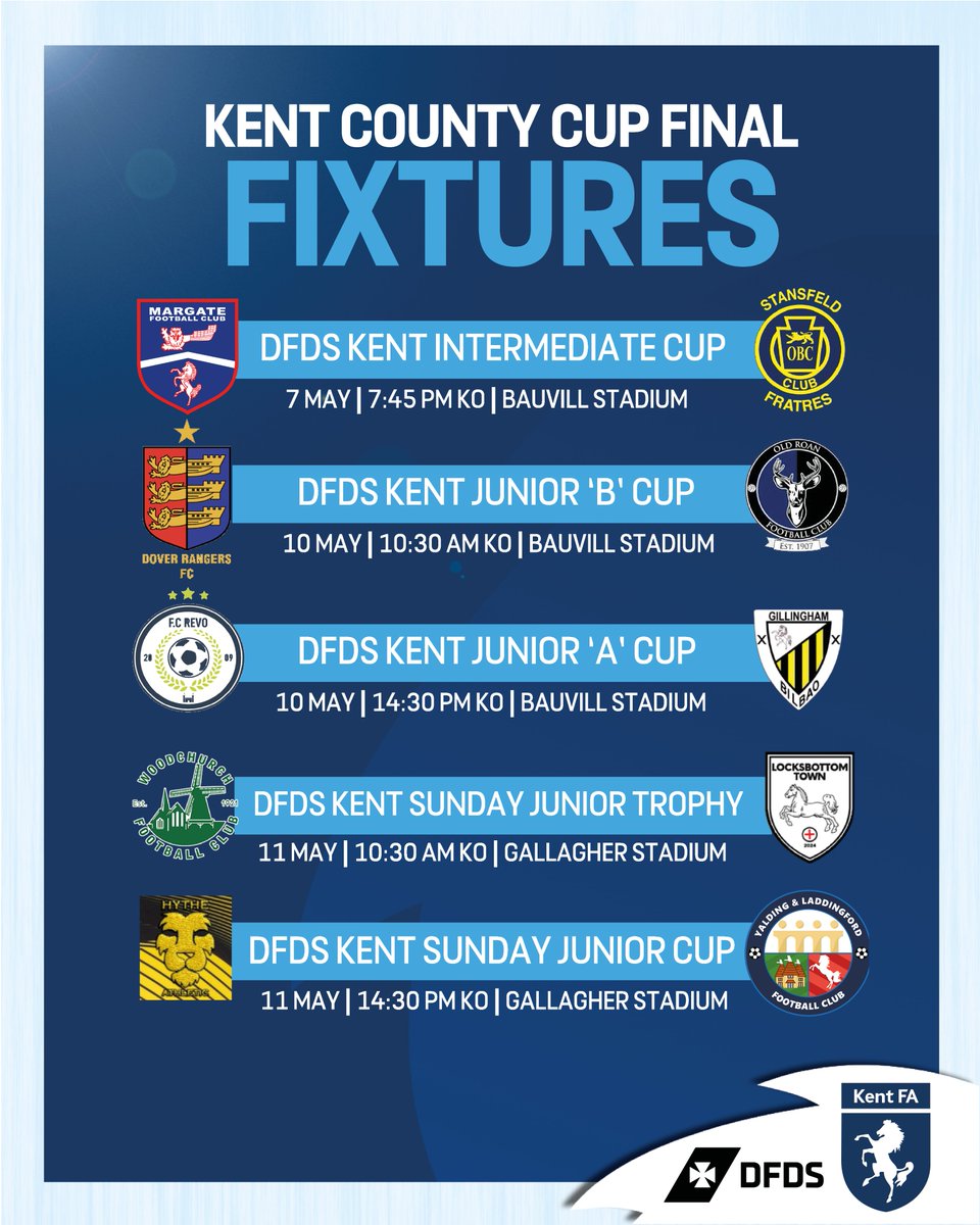 Kent FA ⚽ (@kentfa) on Twitter photo KENT COUNTY CUP FINALS 🏆 | Onto the last week of this season’s Kent County Cup Finals!⚽
We Kick off the week this Wednesday at the Bauvill Stadium for the:
DFDS Kent Intermediate Cup Final: <a href="/margate_fc/">Margate FC</a> U23 🆚 <a href="/StansfeldFC/">Stansfeld FC</a> U23
On Saturday at the Bauvill Stadium we have the: KENT COUNTY CUP FINALS 🏆 | Onto the last week of this season’s Kent County Cup Finals!⚽
We Kick off the week this Wednesday at the Bauvill Stadium for the:
DFDS Kent Intermediate Cup Final: <a href="/margate_fc/">Margate FC</a> U23 🆚 <a href="/StansfeldFC/">Stansfeld FC</a> U23
On Saturday at the Bauvill Stadium we have the: