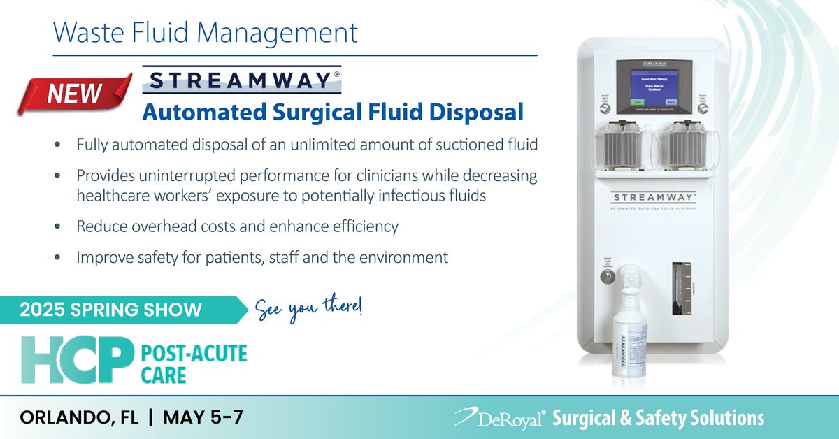 deroyal's tweet image. See you at #HCP2025! #STREAMWAY® #Automated #Surgical Fluid Disposal System installs in or on the wall with direct-to-drain #fluidremoval for safe, continuous collection and disposal. Get more details: deroyal.com/streamway