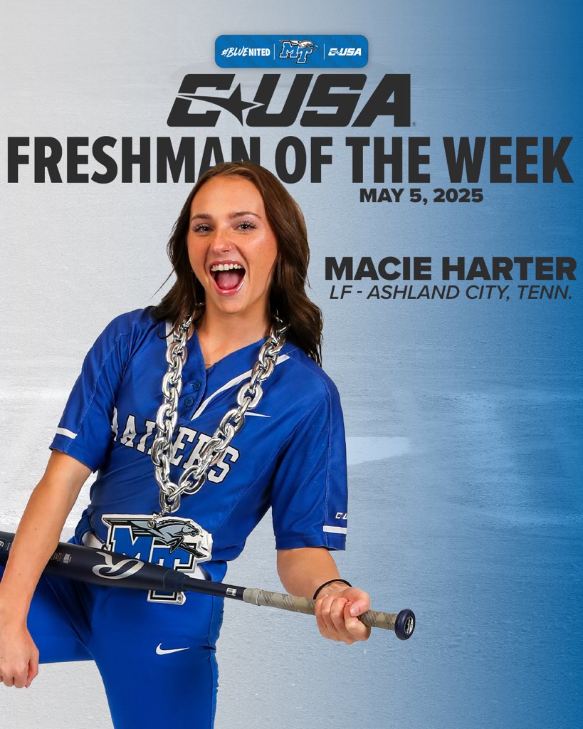 Congratulations to Macie Harter on being named Conference USA Freshman of the Week 👏

Macie hit for a .556 average with a .889 slugging percentage and tied the program record for single season triples with six 💪

#BLUEnited | ⚡️⬆️