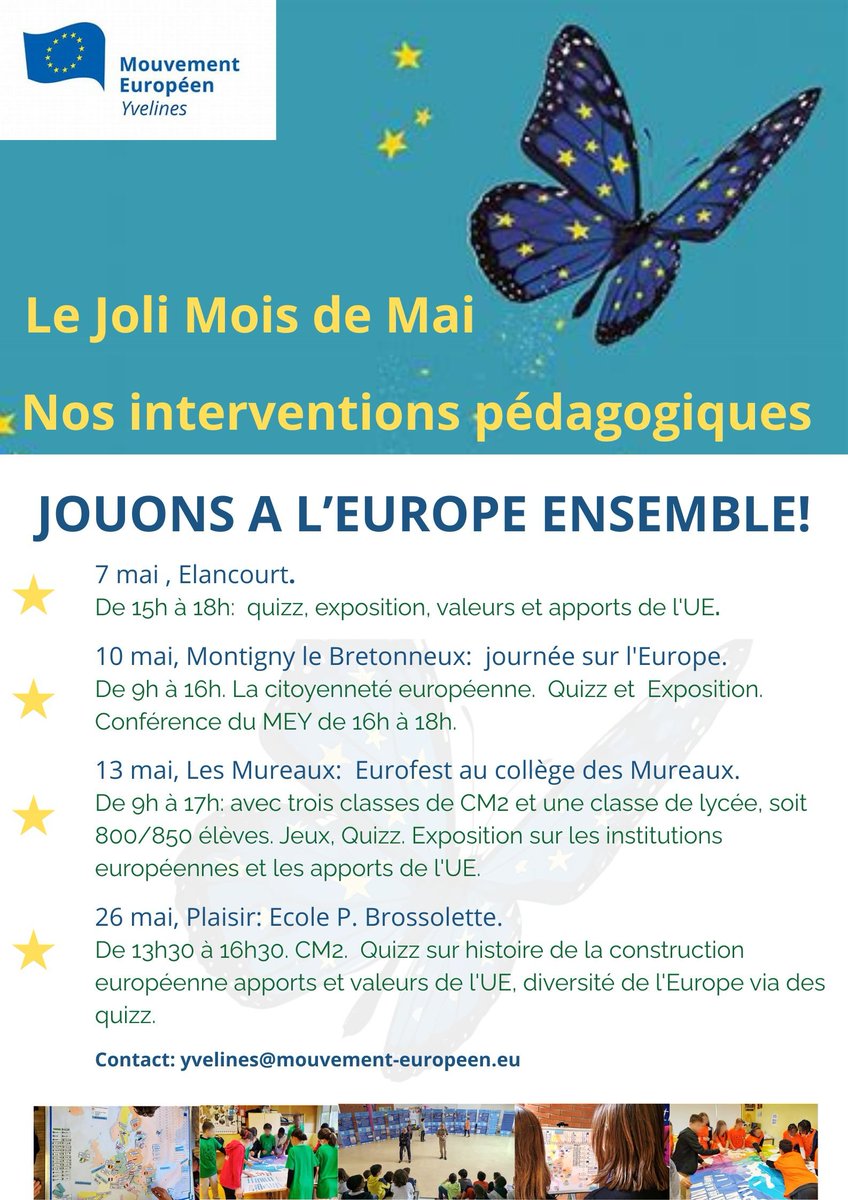 Animations pédagogiques du <a href="/MouvementEuro78/">Mouvement Européen - Yvelines</a> dans les établissements scolaires au joli🌸 mois 🦋 de l'#Europe :
Jeux, animations, ateliers. Découvrir l'#Europe en s'amusant 🔆
🇪🇺 07 mai <a href="/VilleElancourt/">Ville d'Élancourt</a>
🇪🇺 10 mai <a href="/VilleMontigny78/">Ville de Montigny-le-Bretonneux</a> 
🇪🇺 13 mai <a href="/lesmureaux/">Les Mureaux</a> 
🇪🇺 26 mai Plaisir #yvelines