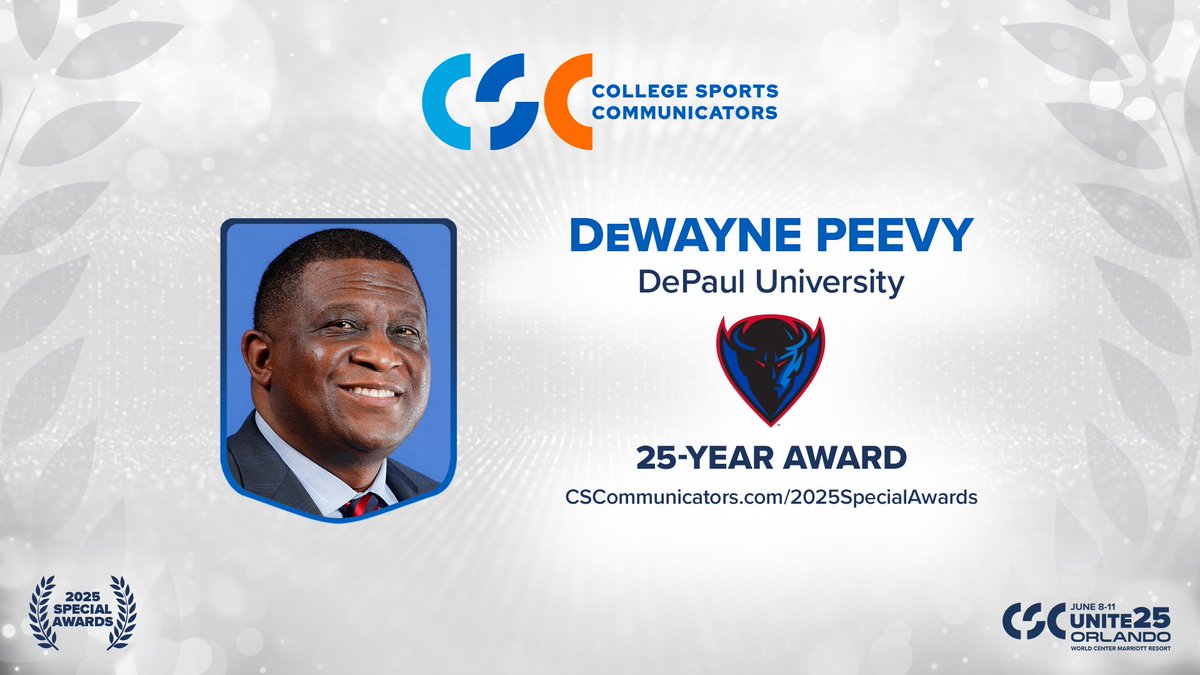 College Sports Communicators (@collsportscomm) on Twitter photo DeWayne Peevy (<a href="/BlueDemonsAD/">DeWayne Peevy</a>), <a href="/DePaulAthletics/">DePaul Athletics</a> Vice President & Director of Athletics, is a recipient of a 2025 CSC 25-Year Award! He will be honored this June at the #CSCUnite25 convention in Orlando.
"I am truly honored to be recognized by College Sports Communicators for DeWayne Peevy (<a href="/BlueDemonsAD/">DeWayne Peevy</a>), <a href="/DePaulAthletics/">DePaul Athletics</a> Vice President & Director of Athletics, is a recipient of a 2025 CSC 25-Year Award! He will be honored this June at the #CSCUnite25 convention in Orlando.
"I am truly honored to be recognized by College Sports Communicators for