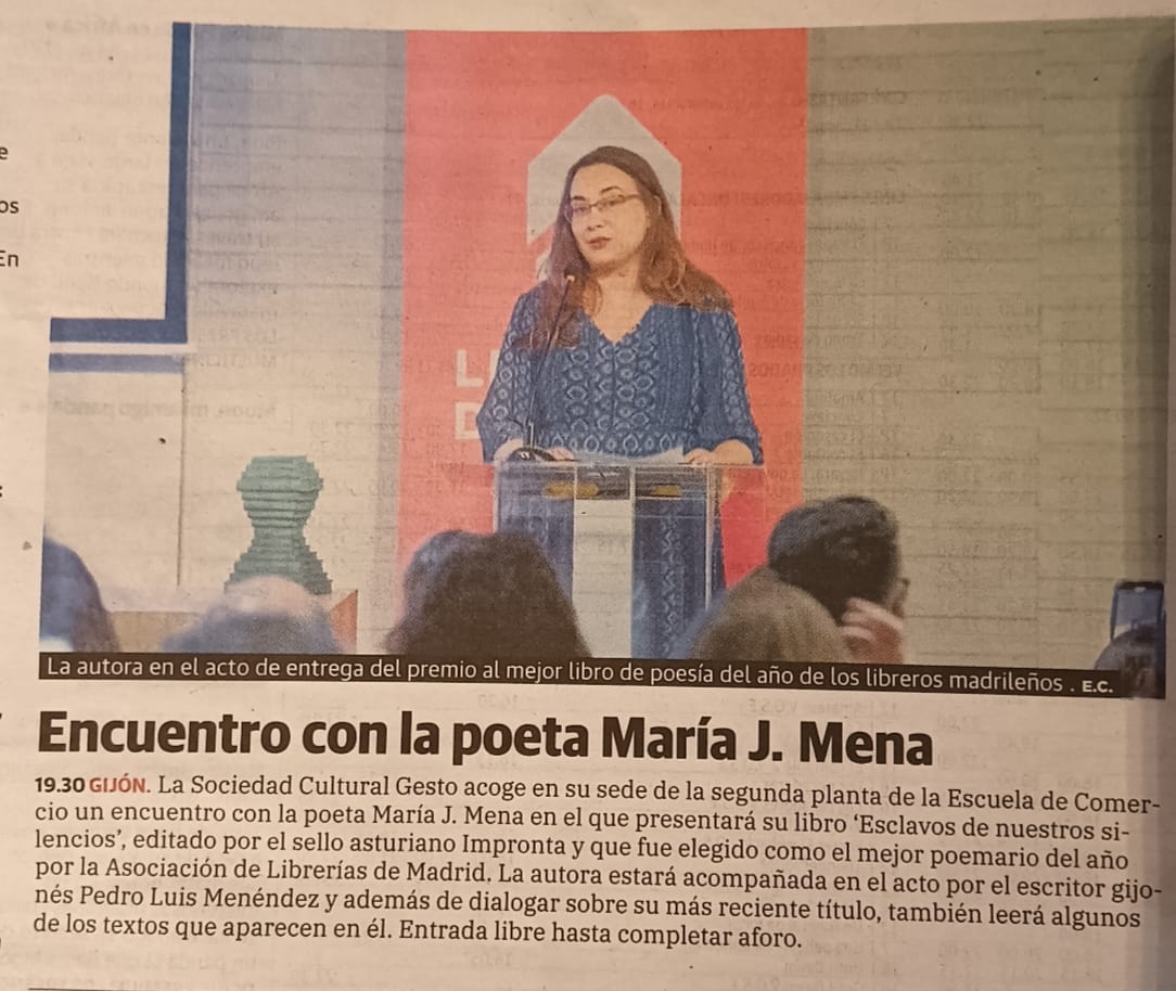 Un placer llegar a Gijón y darse de bruces con la mención en el diario <a href="/elcomerciodigit/">EL COMERCIO</a>  de la presentación de mi libro Esclavos de nuestros silencios (<a href="/Improntaeditora/">Editorial Impronta</a>) esta tarde, con la compañía de Pedro Luis Menéndez. 
19:30 h en Gesto Sociedad Cultural (Escuela de Comercio).