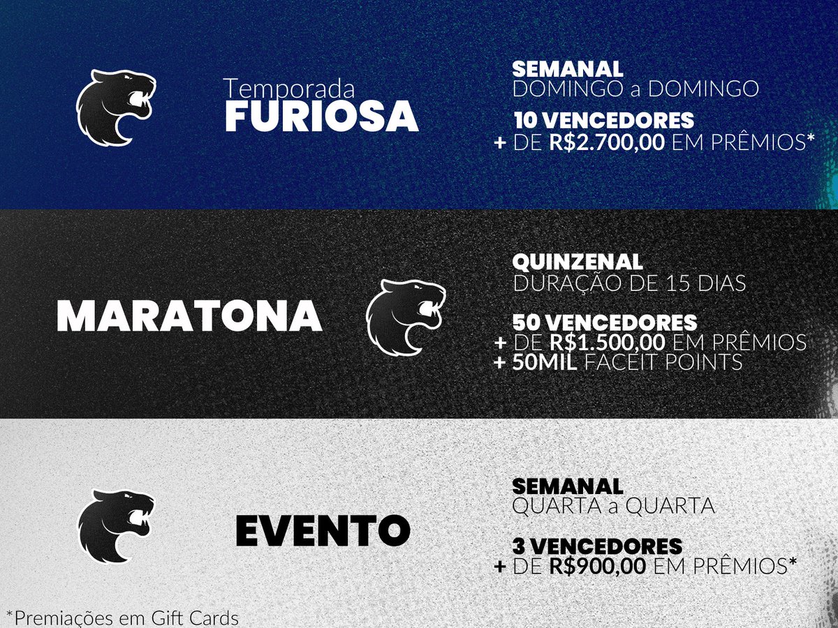 Já colou no HUB da <a href="/FURIA/">FURIA</a> na FACEIT? 

Tá rolando premiação TODA semana! São 3 eventos brabos pra você mostrar seu talento e farmar.

Tá esperando o quê? Cola no HUB! 🖱️