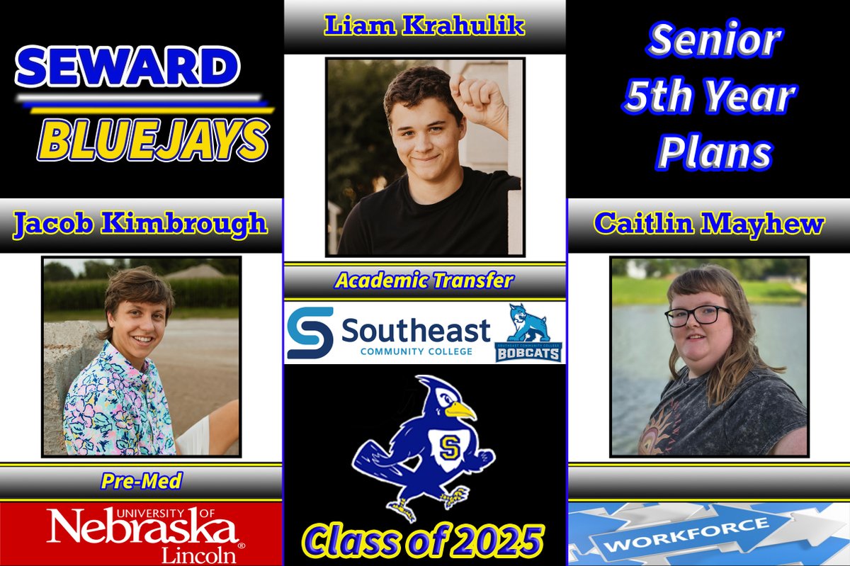 Senior 5th Year Plans
Congrats to these Seward High seniors: Jacob Kimbrough, Liam Krahulik, and Caitlin Mayhew!
#sewardjays #fifthyearplan