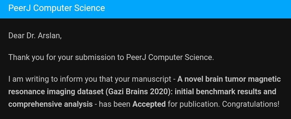 Our study titled “A novel brain tumor magnetic resonance imaging dataset (Gazi Brains 2020): initial benchmark results and comprehensive analysis”, which was supported under the Turkish Brain Project (TBP) — the same initiative that paved the way for our recently shared patent —