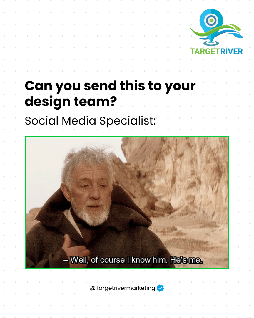 TargetRiver's tweet image. When you’re the strategist, the copywriter, the designer, the coffee-fetcher...all in one heroic package. 🎨⚔️

#StarWarsMeme #SocialMediaLife #MarketingJedi #DesignTeamMood #AgencyLife #TargetRiver #RelatableMarketing #CreativeLife