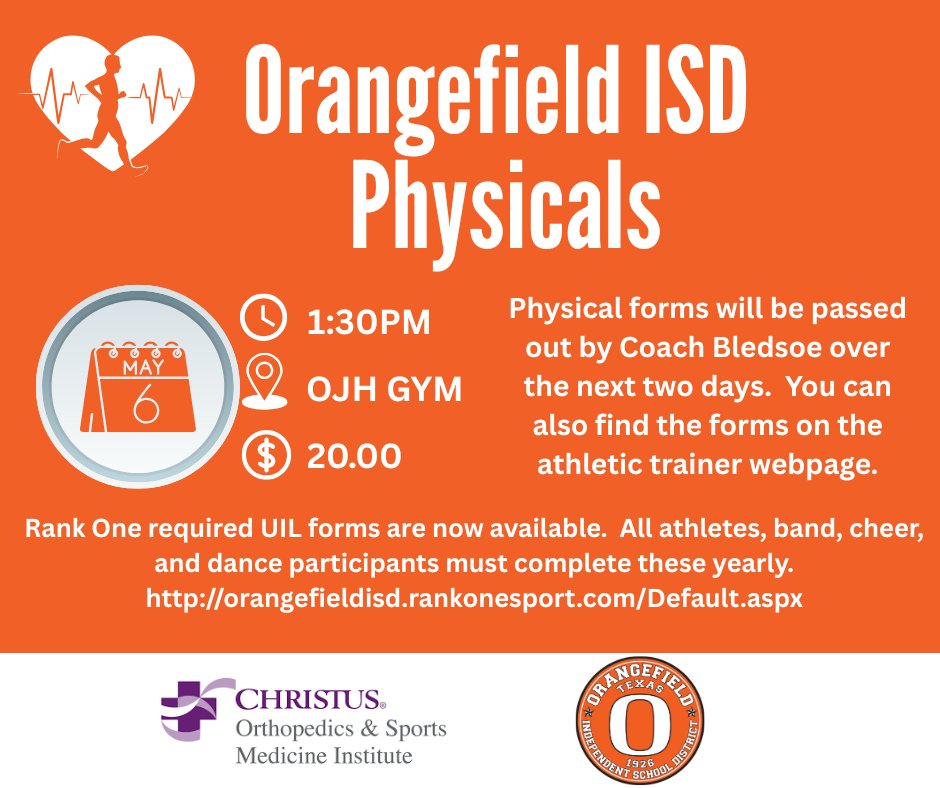 Tomorrow is the day!  Get your physicals taken care of at school!  Full information can be found here:  orangefieldisd.net/o/ohs/page/ath…