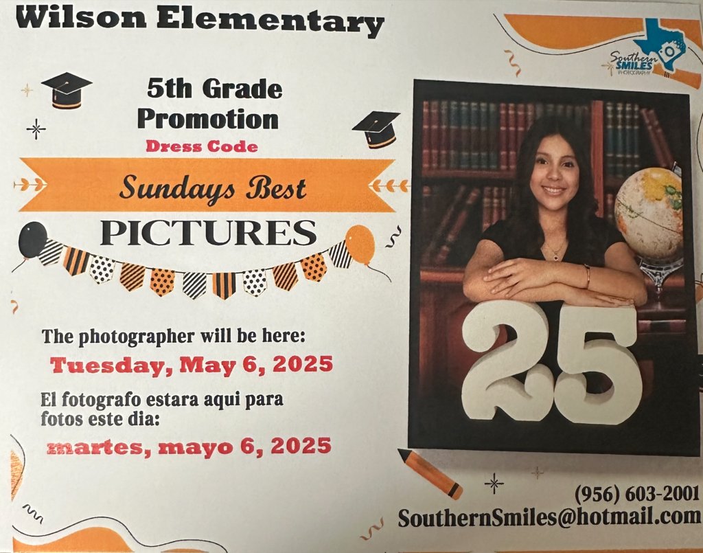 A reminder for Kindergarten and 5th Grade Parents: PICTURE DAY is TOMORROW, May 6th.  
Kindergarten will be wearing caps and gowns, 5th grade will wear their Sunday best.