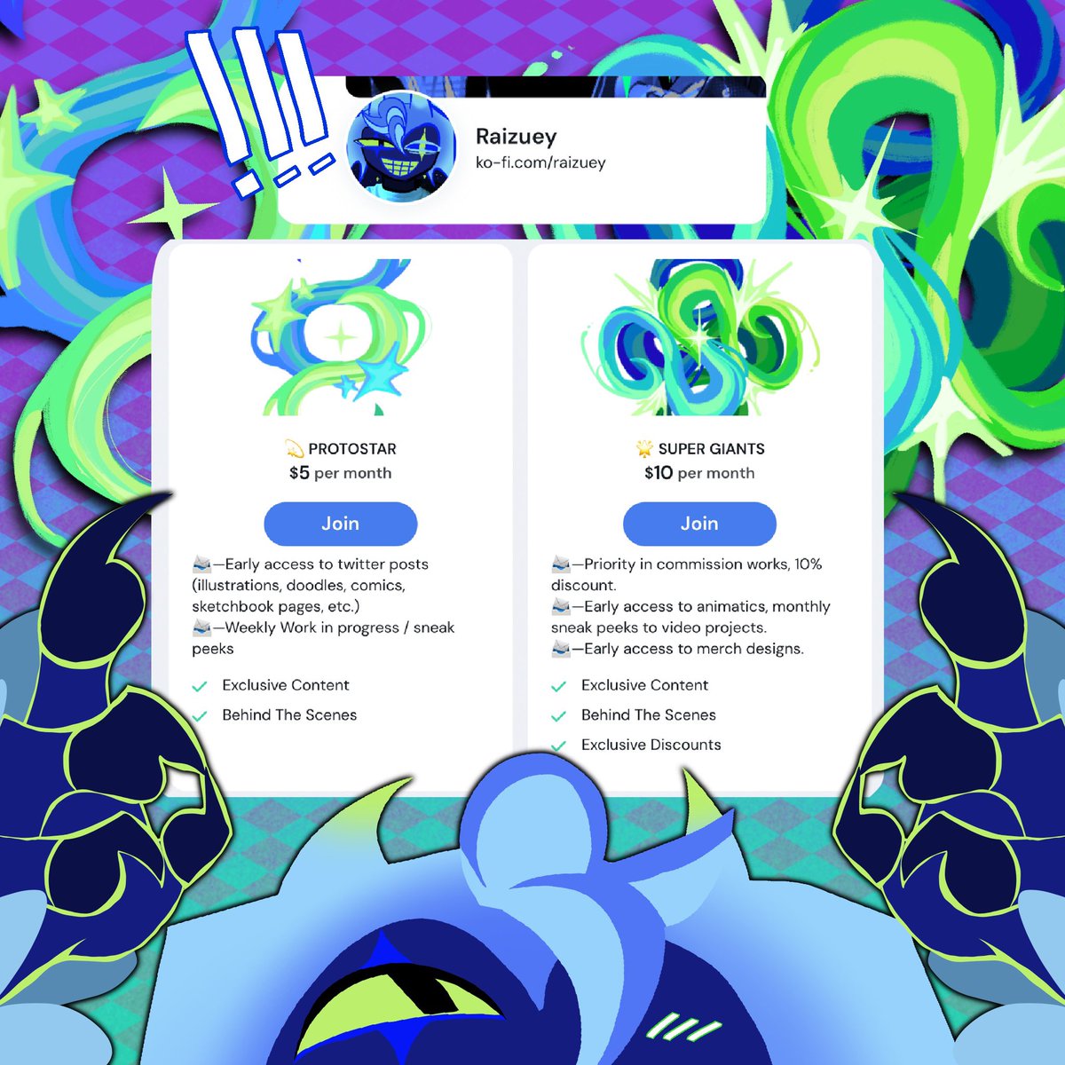 Gl1tzVarr1ant's tweet image. You all have spoken and I have heard! Introducing the 🌀RAIZUEY KO-FI!🌀
📨 Early access to unseen art
📨 Sneak peeks into projects
📨 Priority commissions & discounts
And more coming soon!
📩 Full Sketchbook PDFS
📩 Preorder merchandise
#kofi #crk
TYSM for the support!!