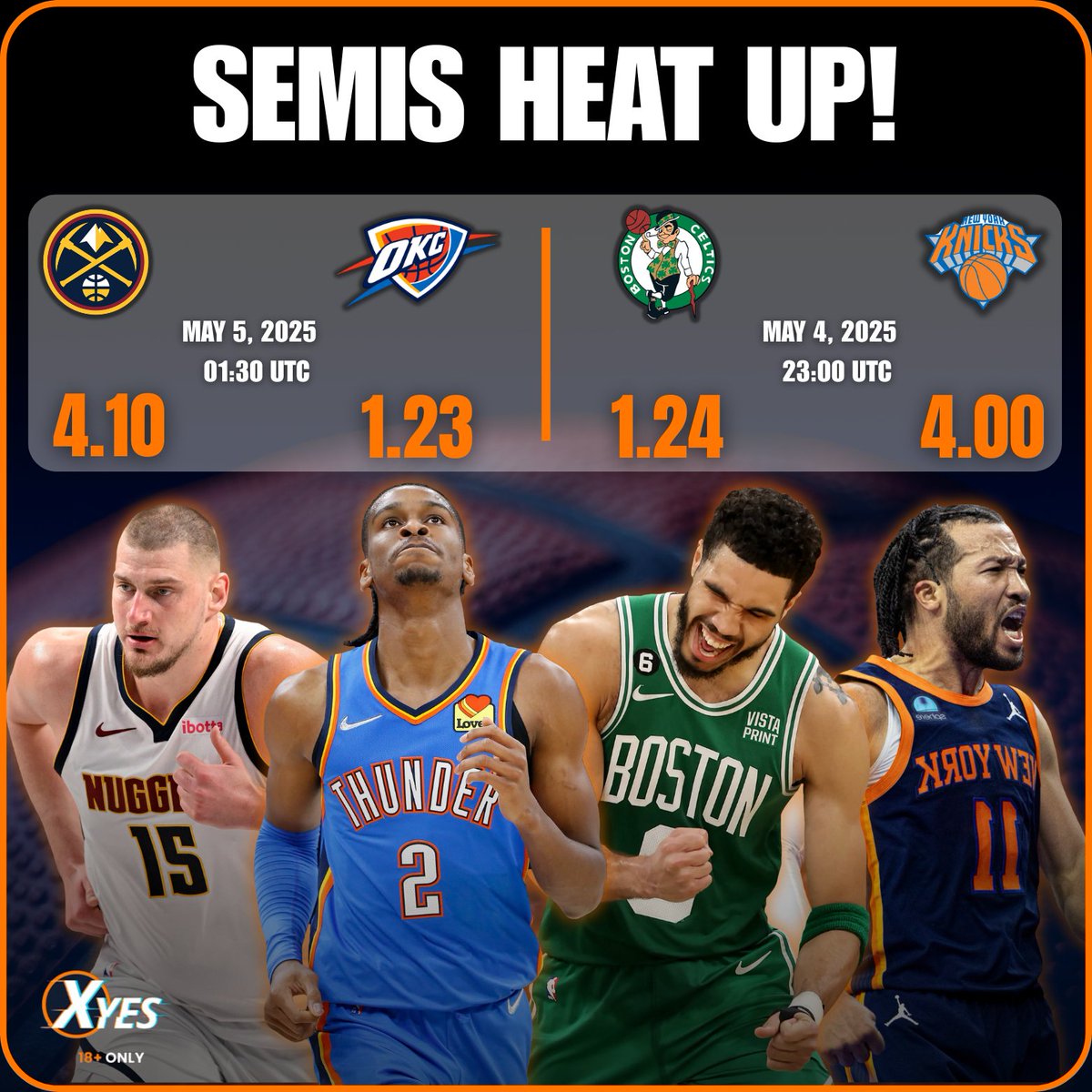 Xyes_com's tweet photo. SEMIS HEAT UP! π₯π
OKC clashes with Denver β‘ποΈ and the Knicks battle Boston ππ!
Whoβs punching their ticket to the Finals? π€π₯
Bet smart. Bet now. Only at https://t.co/KFL6neBmfm πΈ
#NBASemis #OKCvsDEN #NYKvsBOS https://t.co/yoowd6uyfR