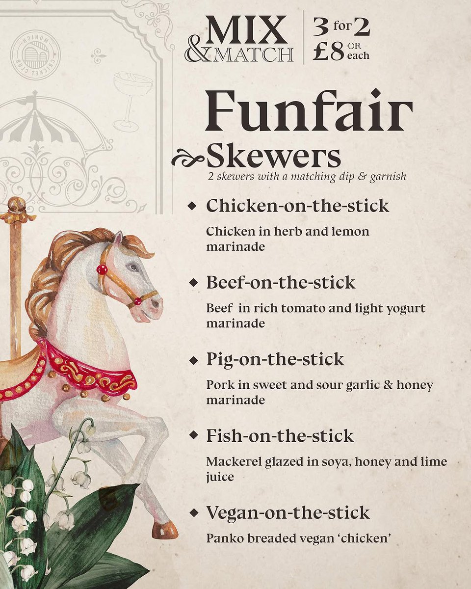 🌸✨ Welcome to Springfest at Munich Cricket Club ✨🌸

Until 31st May, they're turning up the fun with floral flair and fairground feels!

🍸 5 limited-edition cocktails  
🌭 Skewers galore 
🎯 Games, giveaways &amp; magical moments
🎁 3-for-2 on cocktails &amp; skewers

Book now!