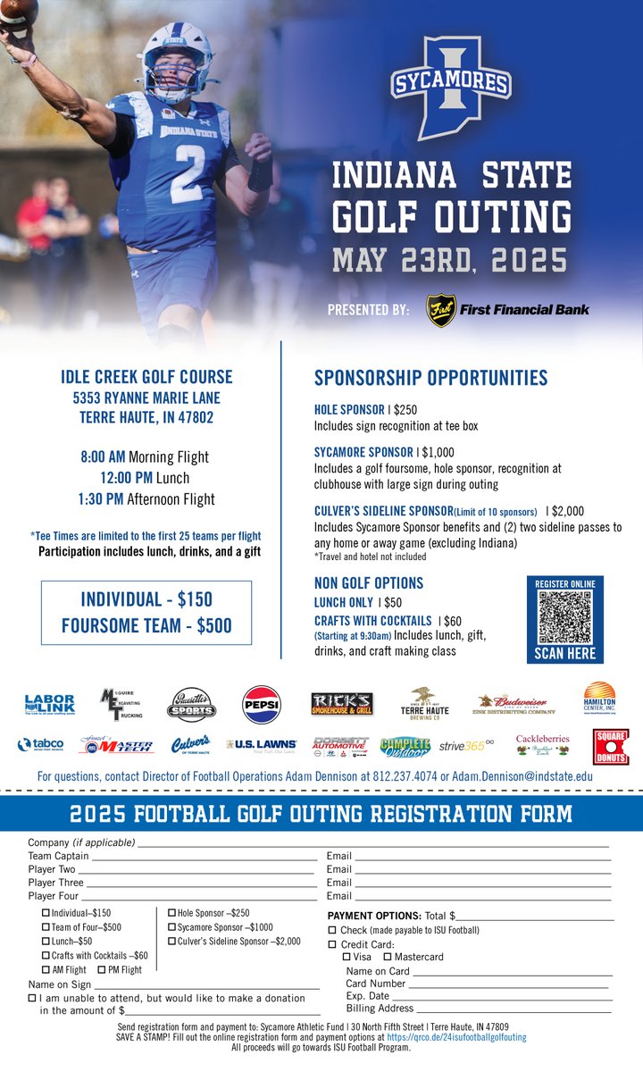 Indiana State Football (@indstfb) on Twitter photo Spots are still available for the 2025 <a href="/IndStFB/">Indiana State Football</a> Golf Outing presented by <a href="/BankAtFirst/">First Financial Bank</a>!
Sign Up today and don't miss out on another great event this year!
Register Online: tinyurl.com/m7ejdt8rRead
More: tinyurl.com/hwh82fb8
#MarchOn x #LeaveNoDoubt Spots are still available for the 2025 <a href="/IndStFB/">Indiana State Football</a> Golf Outing presented by <a href="/BankAtFirst/">First Financial Bank</a>!
Sign Up today and don't miss out on another great event this year!
Register Online: tinyurl.com/m7ejdt8rRead
More: tinyurl.com/hwh82fb8
#MarchOn x #LeaveNoDoubt
