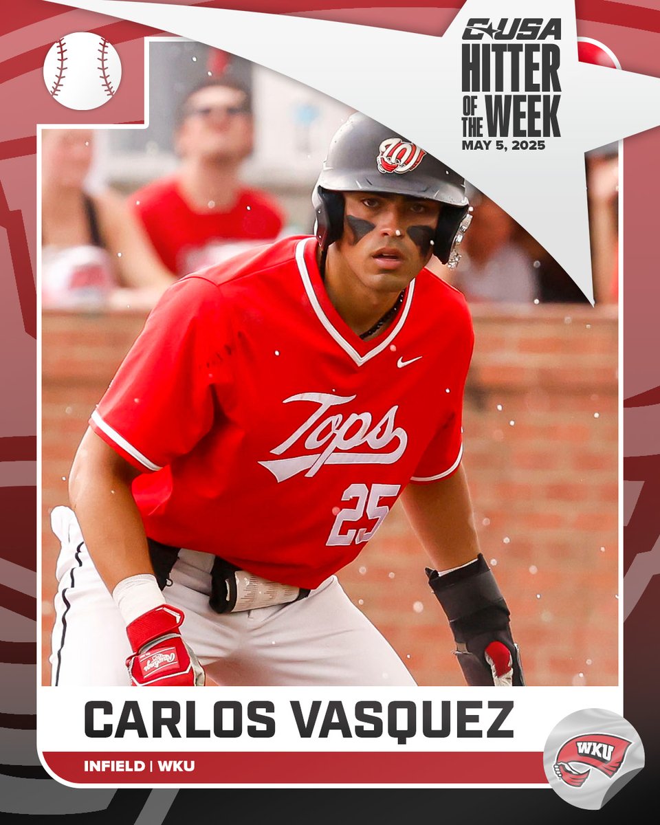 Conference USA (@conferenceusa) on Twitter photo ⚾️ HITTER OF THE WEEK ⚾️
🏅1⃣ Carlos Vasquez, <a href="/WKU_Baseball/">WKU Baseball</a>
#NoLimitsOnUs | bit.ly/4302iVv ⚾️ HITTER OF THE WEEK ⚾️
🏅1⃣ Carlos Vasquez, <a href="/WKU_Baseball/">WKU Baseball</a>
#NoLimitsOnUs | bit.ly/4302iVv