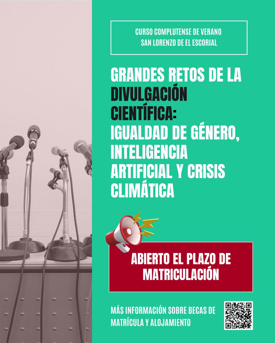 📢📢📢 Si te interesa la #divulgacioncientifica, este es tu #CursoVeranoUCM: "Grandes retos de la divulgación científica: igualdad de género, inteligencia artificial y crisis climática".

✨️ Más información sobre becas, alojamiento, matrícula, aquí: ucm.es/udcvet/grandes…