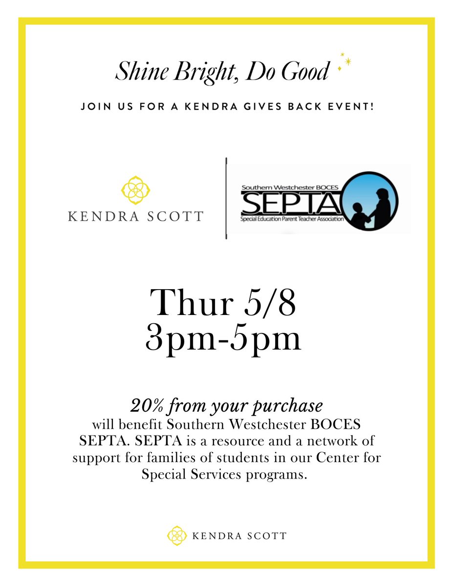 Join us Thursday, 5/8, from 3-5pm for a giveback event at Kendra Scott The Westchester! 20% from each purchase will benefit SEPTA! Shop online May 8-10, and 20% from your purchase will also benefit SEPTA! Enter the following promo code GIVEBACK-SEPTA at checkout.