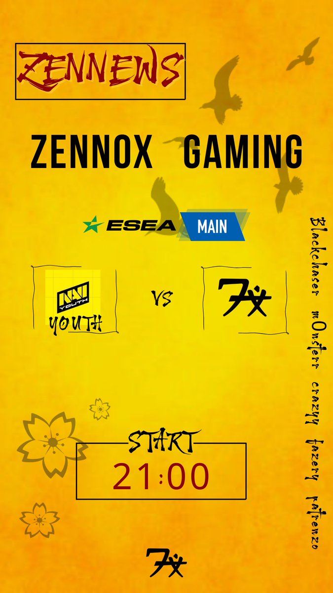 ZennoX GaminG (@teamzennox) on Twitter photo Another matchup in <a href="/ESEA/">ESEA League</a> main against <a href="/natusvincere/">NAVI</a> youth !! We Are LIVE on Twitch.tv/zennox_gaming
<a href="/BlackchaserCS/">Vít Smutný</a> <a href="/Crazyy832/">Ondřej Švec</a> <a href="/M0nsterrCS/">m0nsterr.</a> <a href="/patrenzocs/">patrenzo</a> Another matchup in <a href="/ESEA/">ESEA League</a> main against <a href="/natusvincere/">NAVI</a> youth !! We Are LIVE on Twitch.tv/zennox_gaming
<a href="/BlackchaserCS/">Vít Smutný</a> <a href="/Crazyy832/">Ondřej Švec</a> <a href="/M0nsterrCS/">m0nsterr.</a> <a href="/patrenzocs/">patrenzo</a>