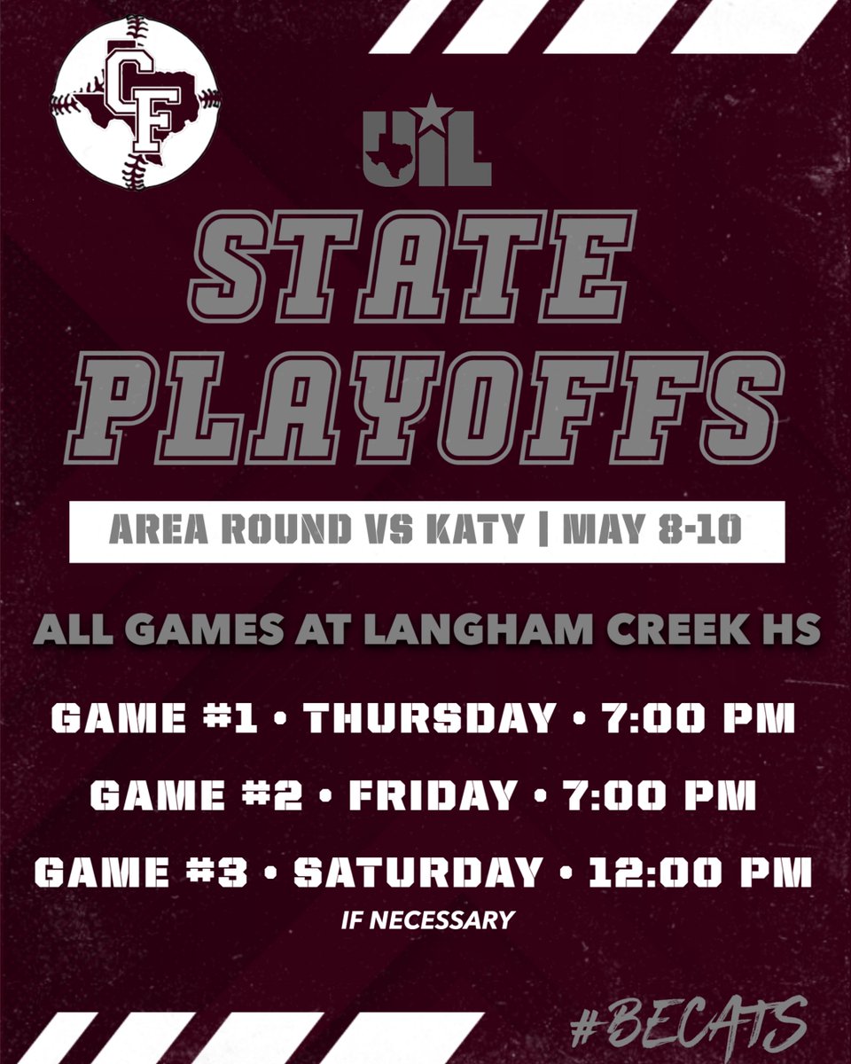 Cy-Fair Bobcats Baseball (@cyfairbaseball) on Twitter photo 🚨AREA PLAYOFF INFO🚨
#beCATS | #BFND | 🐾⚾️ 🚨AREA PLAYOFF INFO🚨
#beCATS | #BFND | 🐾⚾️