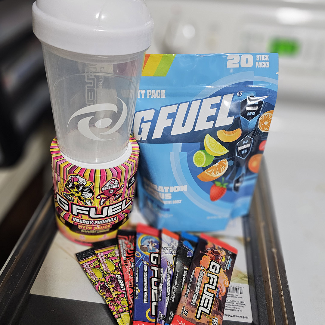 Woke up to a surprise free delivery from the awesome team at <a href="/GFuelEnergy/">G FUEL®</a>!

Hype Sauce (raspberry lemonade) is really nice, and I'm excited to try some of these other flavors for the first time.

Remember to use code SACRILEGE for big discounts on all your GFUEL orders! ♥️